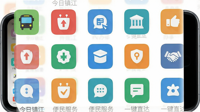 生成一张生活服务功能集合的示意图,主体为手机屏幕上展示的多个功能图标,包括公交、缴费、办事等。布局呈网格状排列,排版整齐美观,风格扁平化设计,细节展现图标色彩鲜明,画质清晰,干净,无多余元素,文字内容包含