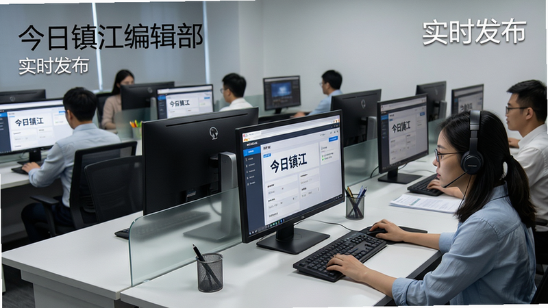 生成一张新闻编辑室工作场景的概念图,主体为多名编辑在屏幕前工作,屏幕上显示“今日镇江”的新闻后台界面。布局紧凑有序,排版体现专业媒体氛围,风格写实科技感,细节表现专注的工作状态,画质高清,干净,无多余元素,文字内容包含