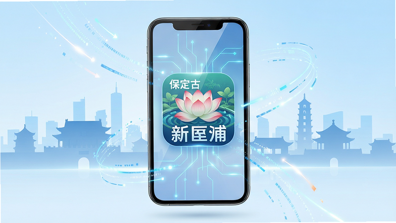 主体为一部悬浮在空中的智能手机,屏幕中央清晰显示“新畿辅”App图标,图标设计融合保定古莲花池元素与现代科技线条。背景为淡蓝色渐变的保定城市天际线剪影,包含总督署等标志性建筑。布局采用中心对称构图,手机占据画面60%空间,周围环绕着抽象的数据流线条,象征信息的高速传输。排版简洁大气,无多余文字干扰。风格为现代科技风与传统文化结合,色彩明亮清新。细节展示屏幕玻璃质感与图标的高光反射。画质8k分辨率,超高清,干净,无多余元素。