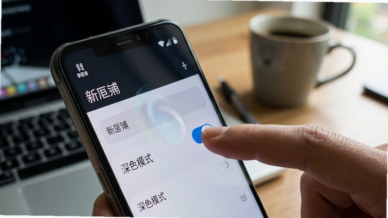 主体为一部安卓手机的侧面特写,屏幕显示“新畿辅”App的设置页面,手指正点击“深色模式”开关。背景为模糊的书桌环境,有笔记本电脑和咖啡杯。布局紧凑,聚焦于操作细节。风格为生活化写实风,光线自然柔和。细节展示手指按压的触感与屏幕变化的动态感。画质高清,色彩真实,干净,无多余元素。
