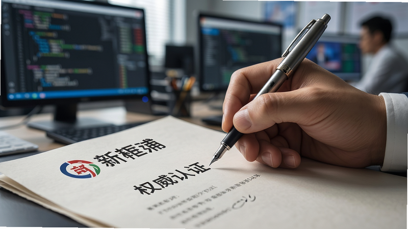 主体为一只手持笔正在签署文件的特写,文件上印有“新畿辅”Logo及“权威认证”字样。背景虚化,隐约可见新闻编辑室忙碌的场景,有电脑屏幕闪烁着代码和数据。布局聚焦于手部动作与文件细节,象征严谨的审核流程。风格为写实主义,光线柔和,营造专业、严肃的氛围。细节展示纸张纹理与笔尖墨迹。画质极高,景深效果明显,干净,无多余元素。