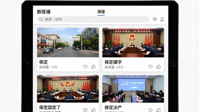 主体为平板电脑界面,展示“新畿辅”App的新闻列表页。布局为典型的卡片式信息流,顶部搜索栏醒目,下方排列着多张新闻缩略图,图片内容包含保定街头风景、政府会议现场等。排版整齐有序,标题字体加粗显示。风格为扁平化设计,色调以白色和浅灰色为主,突显专业新闻媒体的严谨感。细节处可见每一篇文章的阅读量图标和点赞按钮。画质高清,界面清晰,无多余元素。