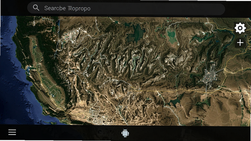 Topopo 安卓版主界面截图,深色背景,中央显示带有等高线的卫星地图,顶部有搜索栏,底部有菜单按钮,高清,无水印