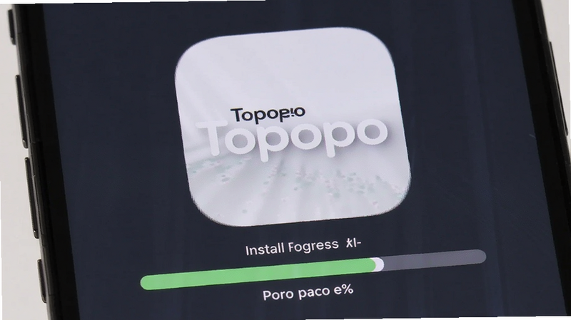 手机屏幕显示安装进度条,背景为 Topopo 图标,清晰,简单