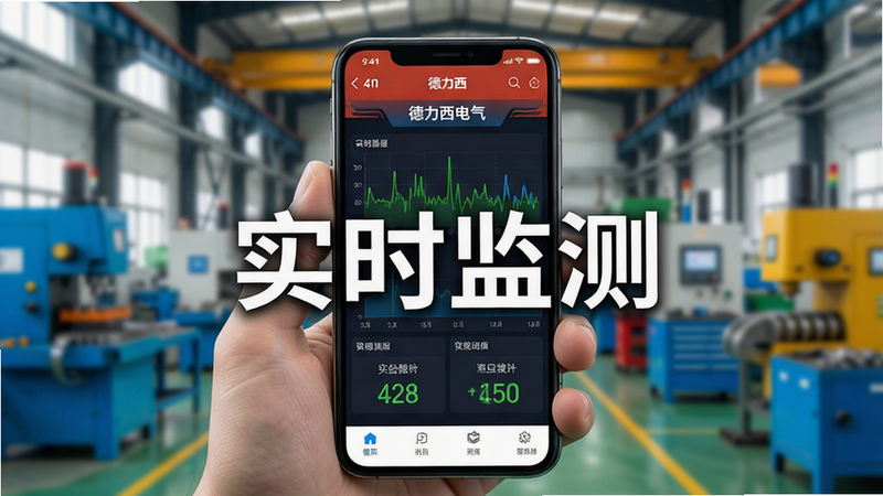 德力西电气APP实时数据监控界面截图,显示动态波形图和实时数值,手机握持在手中,背景为工厂车间,色彩鲜明,布局清晰,风格专业,细节丰富,画质清晰,无杂讯,文字“实时监测”突出