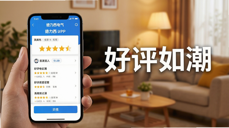 德力西电气APP用户评价界面截图,显示五星好评,手机握持在手中,背景为家庭客厅,色彩温馨,布局清晰,风格亲切,细节丰富,画质清晰,无杂讯,文字“好评如潮”突出