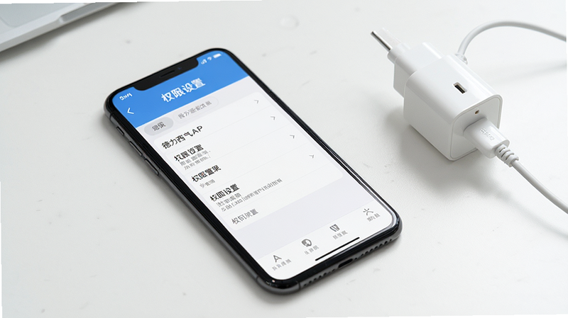 德力西电气APP设置界面截图,显示权限管理列表,手机放在桌面上,旁边有充电器,布局整齐,风格简约,细节清晰,画质高清,无多余装饰,文字“权限设置”清晰