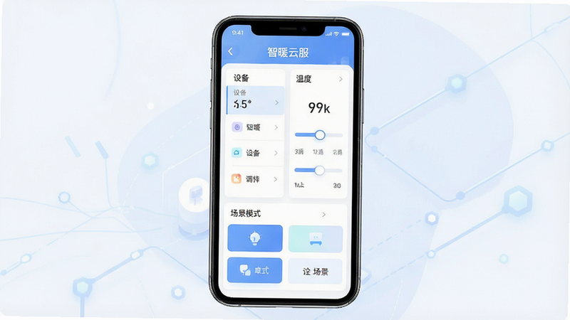 一张展示“智暖云服”APP界面全景的高清插画,主体为手机屏幕显示着智能家居控制面板,布局清晰分为设备列表、温度调节滑块和场景模式按钮,排版简洁现代,风格为扁平化科技风,细节包含柔和的蓝色与白色配色,画质高清,干净无多余元素,文字“智暖云服”清晰可见
