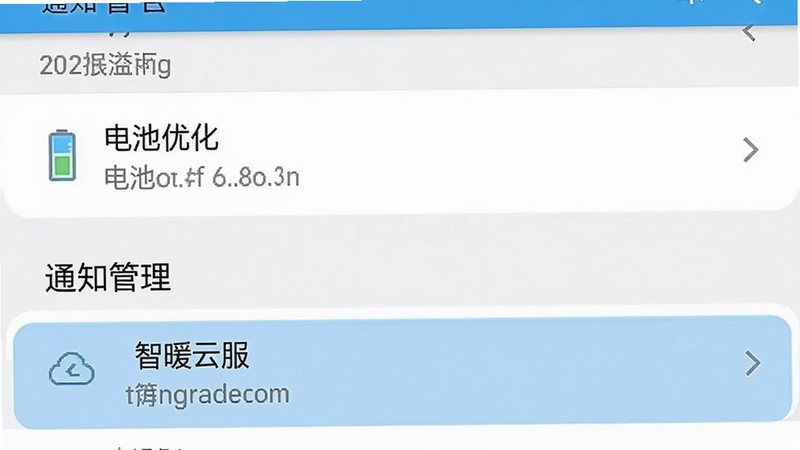 展示手机设置界面中“电池优化”和“通知管理”选项的截图风格插画,主体为设置列表界面,布局为垂直滚动列表,排版清晰,风格为安卓系统原生风,细节高亮显示“智暖云服”选项,画质清晰,干净无多余元素,文字“电池优化”与“通知管理”清晰可见