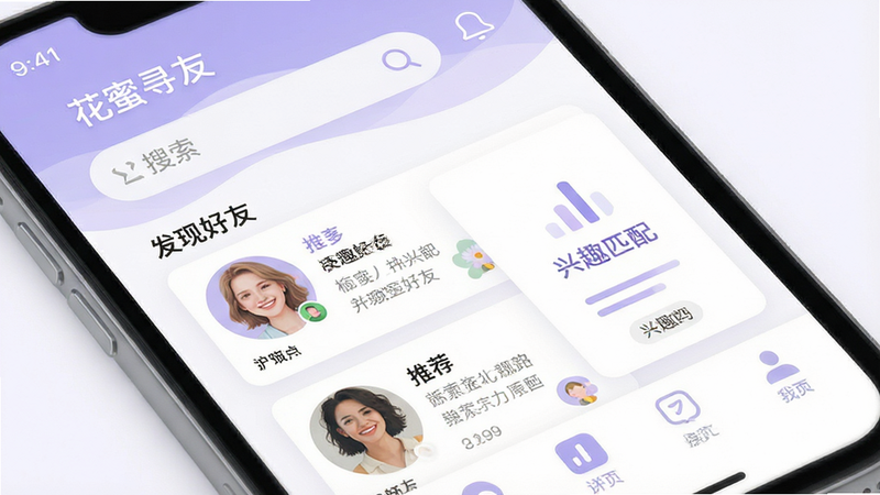 �����ƽ�����UI���ͼ������Ϊ�ֻ���Ļ���棬��ʾ����Ѱ��APP��ҳ���������������Ƽ��û���Ƭ�б����ײ��������������������Ű����룬������¼�Լ��ɫ���Ե���ɫ�Ͱ�ɫΪ����ϸ�ڷḻ����ťͼ�������ɼ�������4k���ɾ��޶���Ԫ�أ����ְ���������Ѱ�ѡ��������ֺ��ѡ�������Ȥƥ�䡱
