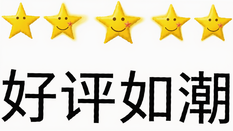 用户评价星级展示,五个黄色星星居中,下方文字“好评如潮”,背景为白色,布局简洁,风格正面积极,细节鲜明,画质高清,无杂乱背景