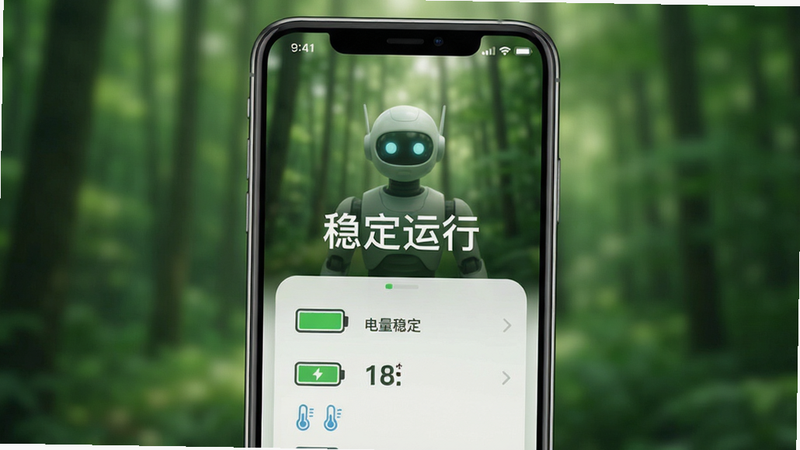 手机屏幕显示炼刀机器人后台运行状态,电池图标显示电量稳定,温度图标显示低温,界面简洁,仅显示核心状态数据,背景为模糊的绿色森林景象,象征环保节能,文字“稳定运行”清晰可见,布局垂直居中,风格清新自然,细节柔和,画质细腻,无多余干扰元素
