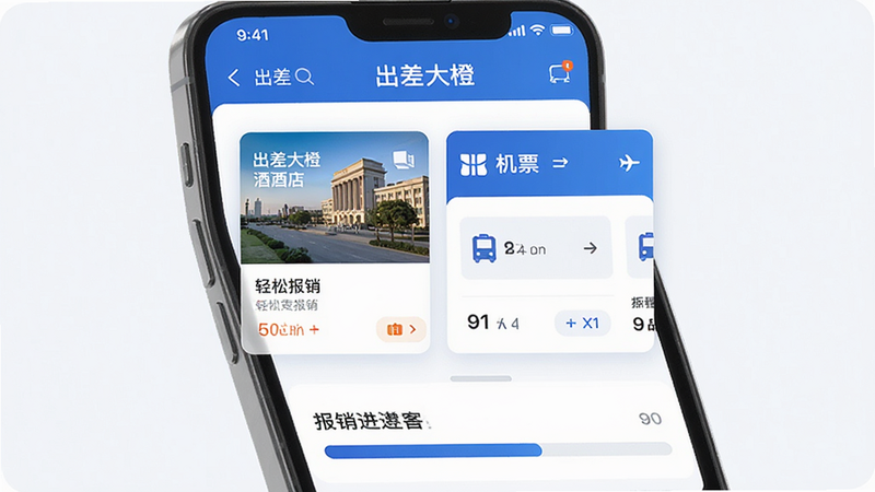 主体为出差大橙APP的手机界面,布局清晰,顶部显示导航栏,中间展示酒店和机票预订卡片,底部有报销进度条,风格为现代扁平化商务蓝,细节包含清晰的图标和文字标签,画质高清,干净,无多余元素,文字内容包含