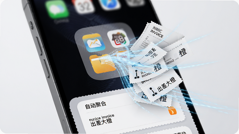 主体为手机屏幕,显示一个文件夹图标正在自动吸入多张电子发票,布局为上下结构,上方是应用界面,下方是票据列表,风格为科技感流光特效,细节体现数据流动的光效,画质精致,干净,无多余元素,文字内容包含