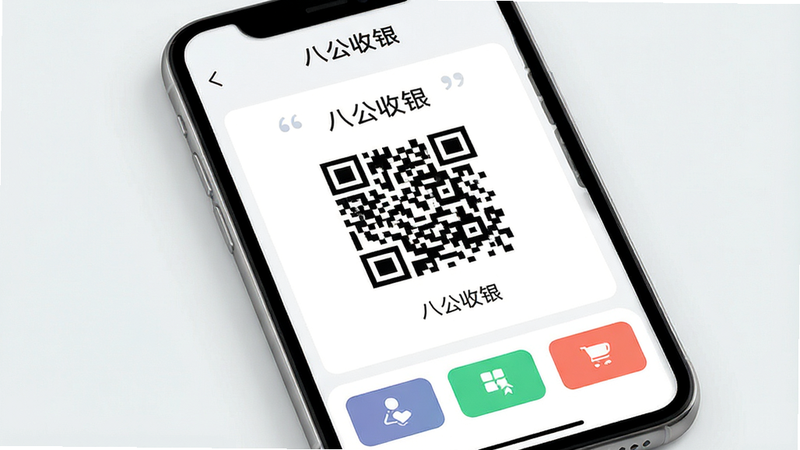 一张高清的八公收银App界面展示图,主体为手机屏幕,显示着简洁的收银主界面,布局清晰,顶部有店铺名称,中间是大号收款码区域,底部是快捷功能按钮,背景为干净的浅灰色,风格现代简约,细节清晰,画质高清,无多余元素,文字加引号