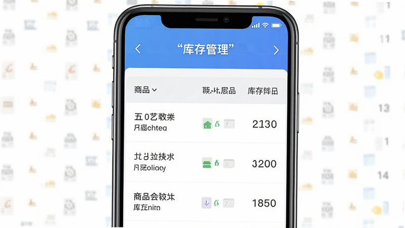 八公收银库存管理界面图,主体为手机屏幕,显示商品列表和库存数量,布局为表格形式,排版整齐,风格扁平化,细节展示数字与图标,画质高清,干净,无多余元素,文字加引号