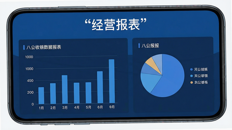 八公收银数据报表界面图,主体为手机屏幕,显示柱状图和饼图,布局上下分布,排版清晰,风格商务蓝,细节展示数据趋势,画质高清,干净,无多余元素,文字加引号