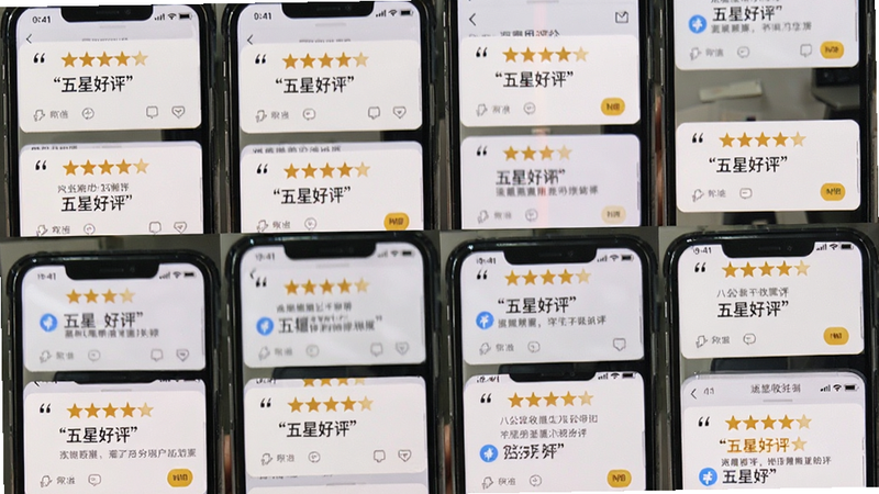 八公收银用户评价截图拼图,主体为多个手机评价卡片,布局网格状,排版整齐,风格生活化,细节展示五星好评,画质高清,干净,无多余元素,文字加引号