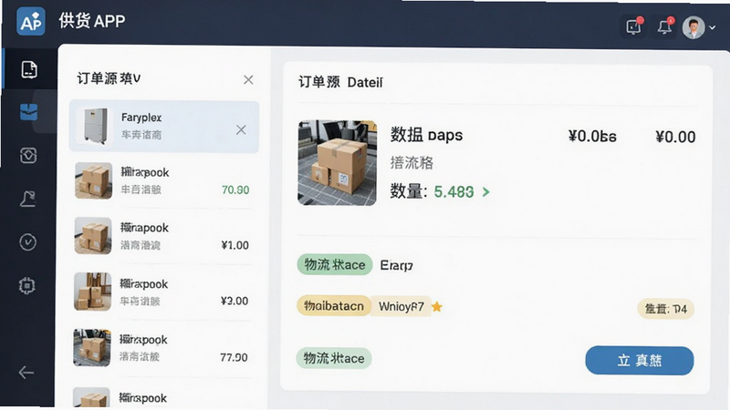展示供货源APP的订单管理页面,左侧是订单列表,右侧是订单详情,包含商品缩略图、数量、总价、物流状态标签,界面布局清晰,字体清晰,商务风格,高保真UI设计,无杂乱元素