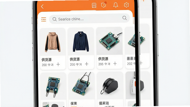 一张高清晰度的手机应用界面截图,屏幕中央显示“供货源”APP的主界面,顶部是搜索栏,下方是网格状排列的商品卡片,包含服装、电子元件等图片,配色以白色和橙色为主,风格现代简约,无多余水印,高清渲染,干净背景