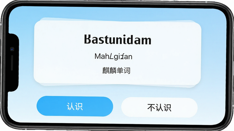 һ��չʾ���뵥��App��������ֻ���ͼ������Ϊǳ��ɫ���䣬��Ļ������ʾ���ʿ�Ƭ������Ӣ�ĵ��ʡ����ꡢ�������壬�ײ��С���ʶ���͡�����ʶ��������ť�����������¼�Լ�����������