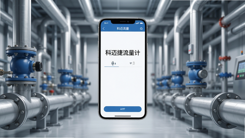 主体为一部悬浮的智能手机,屏幕清晰显示着“科迈捷流量计”APP界面,背景是现代化的工业管道场景,布局采用中心构图,排版整洁,风格为写实科技风,细节丰富,画质4k,干净,无多余元素