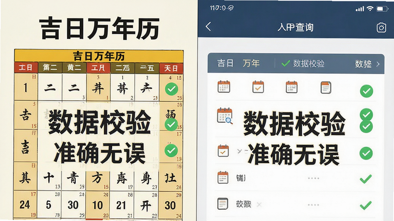主体为“吉日万年历”数据对比图表,布局左侧为传统黄历页面,右侧为App查询结果,风格严谨专业,配色沉稳,细节处展示数据一致性的勾选标记,画质高清,干净无噪点,文字内容为“吉日万年历”、“数据校验”、“准确无误”