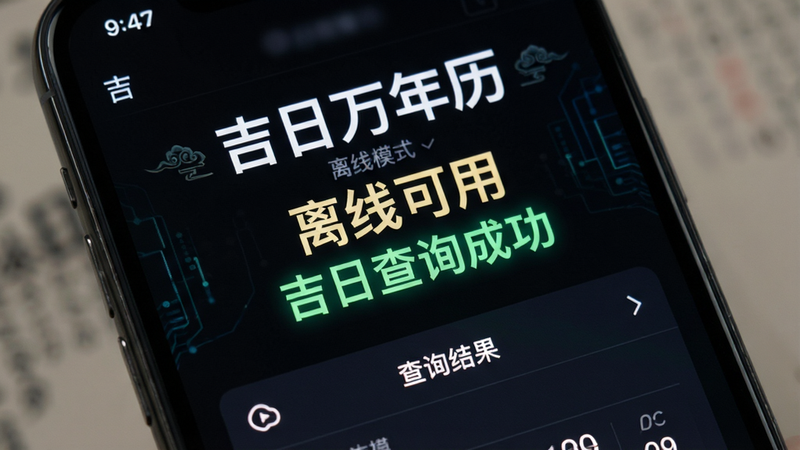主体为手机屏幕特写,显示“吉日万年历”离线查询界面,布局简洁,背景为深色模式,文字高亮显示“离线可用”、“吉日查询成功”,风格科技感与传统文化结合,画质清晰,无杂乱元素,文字内容为“吉日万年历”、“离线模式”、“查询结果”
