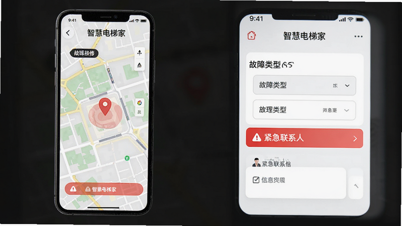 ���ǻ۵��ݼҡ�APP���ϱ��޽��棬��ʾ��ͼ��λ����������ѡ�񼰽�����ϵ����Ϣ��������ֱ�ۣ����к�ɫ��ʾͼ�꣬����ִ������ʸ��壬�޶���Ԫ��