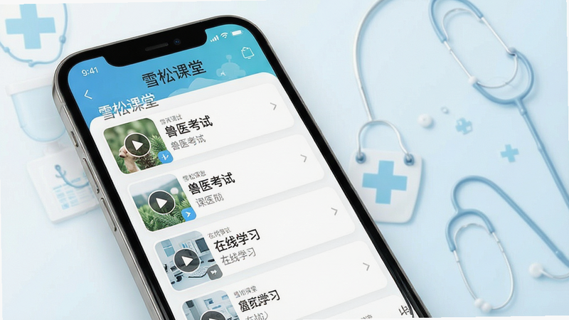 һ��չʾ��ѩ�ɿ��á�App����ĸ���ͼ������Ϊ�ֻ���Ļ����ʾ��ҽ�γ��б�����Ƶ���Ž��棬����Ϊ�ɾ��İ�ɫ��ǳ��ɫҽ�Ʒ�񣬲����������Ű����룬����ִ���Լ��ϸ�ڴ�����רҵ�У����ʸ��壬�޶���Ԫ�أ��������ݰ�����ѩ�ɿ��á�������ҽ���ԡ���������ѧϰ��