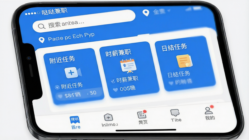 一张高清手机界面截图,主体为“哒哒兼职”APP首页,布局清晰,顶部显示搜索栏与定位信息,中部展示“附近任务”、“时薪兼职”、“日结任务”三个大图标卡片,底部为导航栏,风格简约现代,蓝色主色调,细节精致,画质干净,无多余元素,4k分辨率