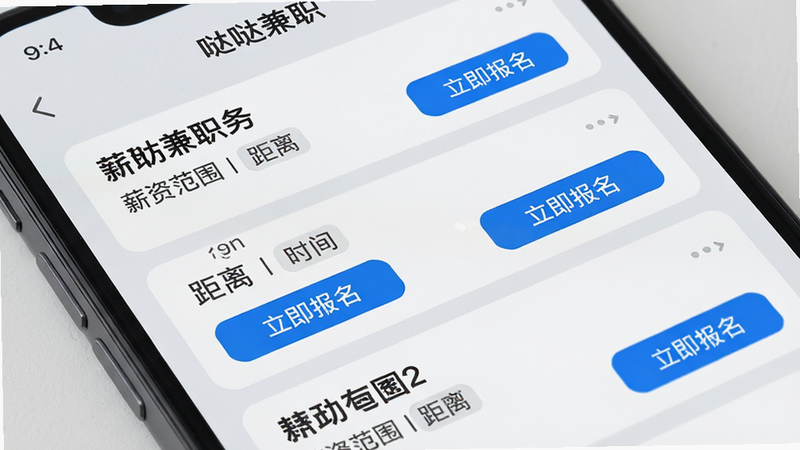 手机屏幕特写,显示“哒哒兼职”的任务列表页面,背景为浅灰色,每个任务卡片包含标题、薪资范围、距离和时间标签,排版整齐,字体清晰,蓝色高亮显示“立即报名”按钮,风格扁平化,细节丰富,画质高清,无多余装饰