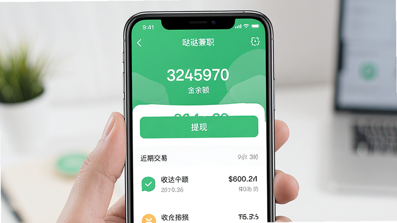 手机界面显示“哒哒兼职”的钱包页面,顶部显示余额数字,中间有“提现”大按钮,下方列出近期交易记录,包括收入金额和时间,风格专业可信,绿色代表安全,白色背景,文字清晰可读,画质细腻,无杂乱元素