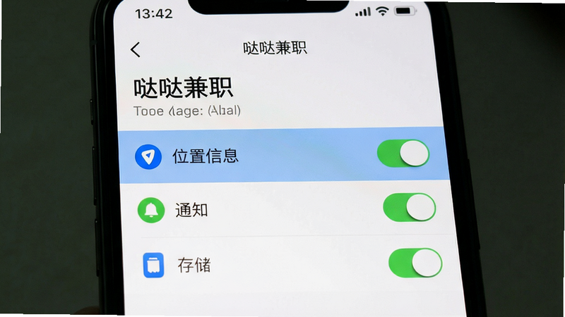 手机设置界面截图,显示“哒哒兼职”的权限管理页面,高亮显示“位置信息”、“通知”、“存储”权限开关,背景为系统默认白色,文字清晰,风格简洁,细节准确,画质高清,无多余图标