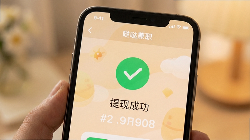 手机界面显示“哒哒兼职”的提现成功页面,中央显示绿色对勾图标,下方显示“提现成功”字样及金额,背景柔和,风格温馨,细节精致,画质清晰,无多余装饰