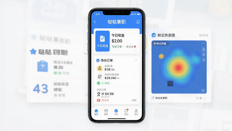 ���ռ�ְAPP������ȫ��ͼ������Ϊ�ֻ���Ļ��ʾ��ҳ����������չʾ�������桢���충������������ͼ����ģ�飬�Ű��ƽ�����ϸ�ڰ�����ɫ��ɫ��ͼ�ꡢ��ɫ������Ƭ���ײ������������ʸ��壬�ɾ��޶���Ԫ�أ�������ʾ