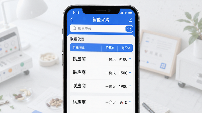 描绘“联森中药”APP中的“智能采购”页面,主体为手机界面,上方显示搜索栏,中间列出多家供应商报价列表,排版为表格形式,风格为科技感蓝白配色,细节展示价格对比箭头,画质高,干净,无多余元素
