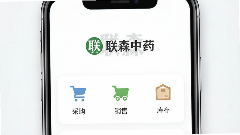 一张展示“联森中药”APP界面的高清概念图,主体为手机屏幕,屏幕中央显示“联森中药”Logo及主菜单,布局清晰,包含“采购”、“销售”、“库存”三个主要图标,排版整洁,风格为现代扁平化设计,细节处体现专业商务感,画质清晰,干净,无多余元素
