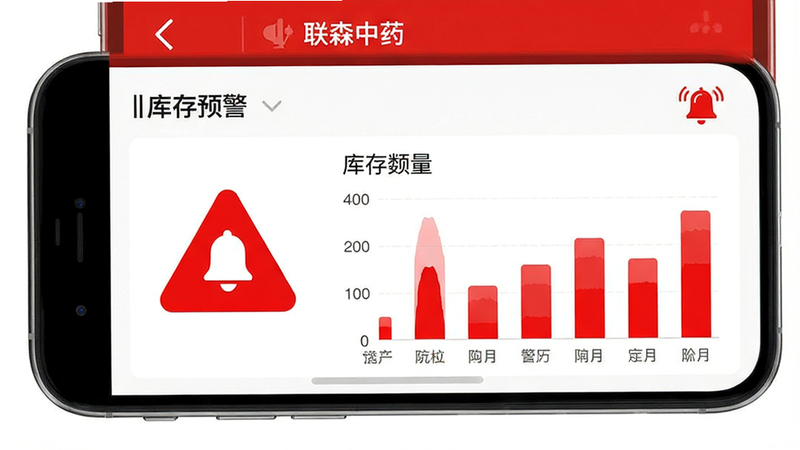 展示“联森中药”APP的“库存预警”模块,主体为手机屏幕,显示红色警示图标及库存数量柱状图,布局紧凑,风格为警示红与背景白对比,细节包含报警铃铛图标,画质清晰,干净,无多余元素