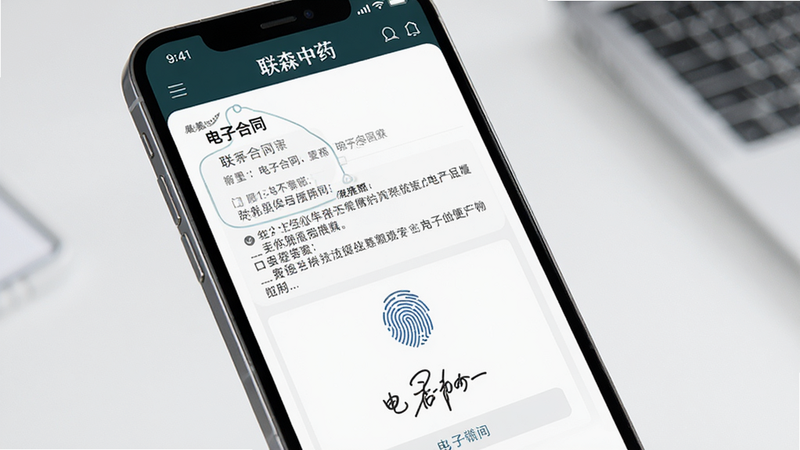 描绘“联森中药”APP的“电子合同”签署界面,主体为手机屏幕,显示合同条款及电子签名区域,布局规范,风格为严肃商务风,细节展示指纹识别图标,画质精细,干净,无多余元素