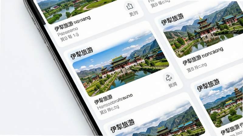 主体为APP信息流界面,展示多条新闻卡片,标题包含“伊犁旅游”字样,配图精美,排版紧凑有序,风格简洁大方,细节处体现图标与文字的清晰对比,高清画质,干净背景,无杂乱元素