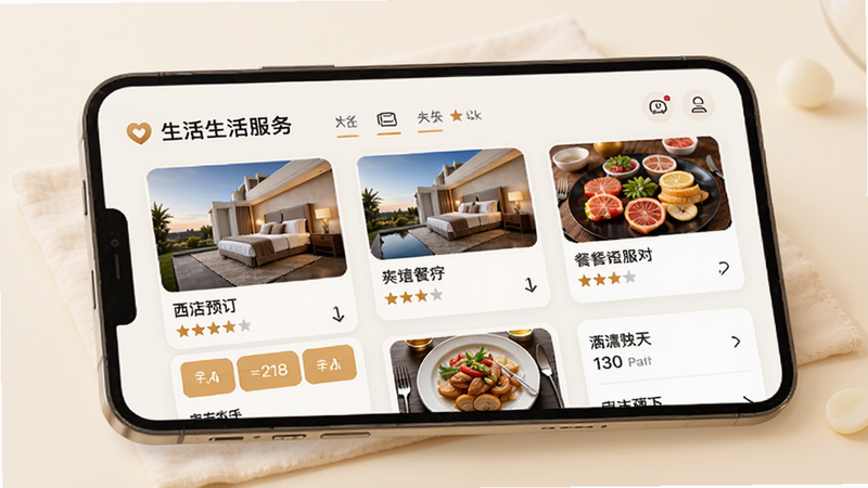 主体为生活服务界面,展示酒店预订与餐厅列表,卡片式设计,包含图片与评分星级,布局清晰,风格温馨舒适,细节处体现服务图标的精致感,高质量渲染,干净背景,无多余装饰