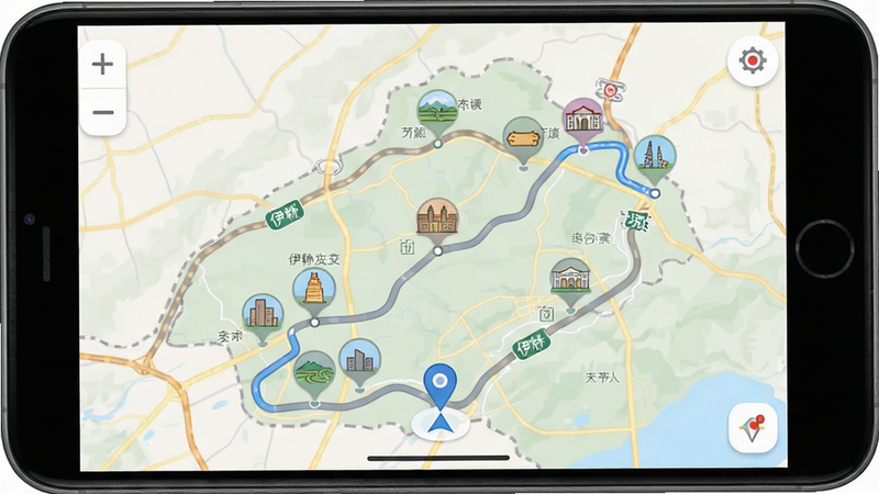 主体为地图导航界面,显示伊犁地区道路网络,标注多个景点图标,路径线条清晰,界面元素包括缩放按钮与定位点,风格为扁平化设计,色彩柔和,细节丰富,高清展示,无干扰元素