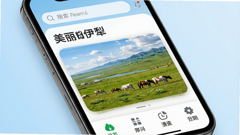 主体为手机屏幕特写,显示“美丽伊犁”APP首页界面,顶部有搜索栏,中部展示伊犁草原风光大图,底部为功能图标,背景为干净的浅蓝色渐变,布局整齐,风格清新现代,细节清晰,高分辨率,无多余元素