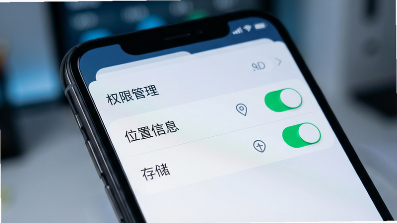 主体为手机设置界面,显示“权限管理”选项,突出显示“位置信息”与“存储”权限开关,背景模糊处理,风格简洁科技风,细节清晰,高分辨率,无多余图标