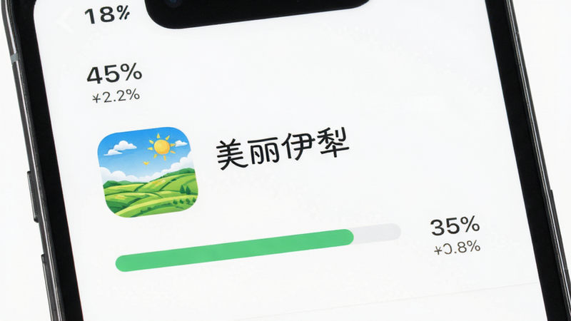 主体为手机安装进度界面,显示“美丽伊犁”应用图标与安装进度条,背景为纯白,风格极简,细节处体现进度百分比数字,高清画质,干净无杂