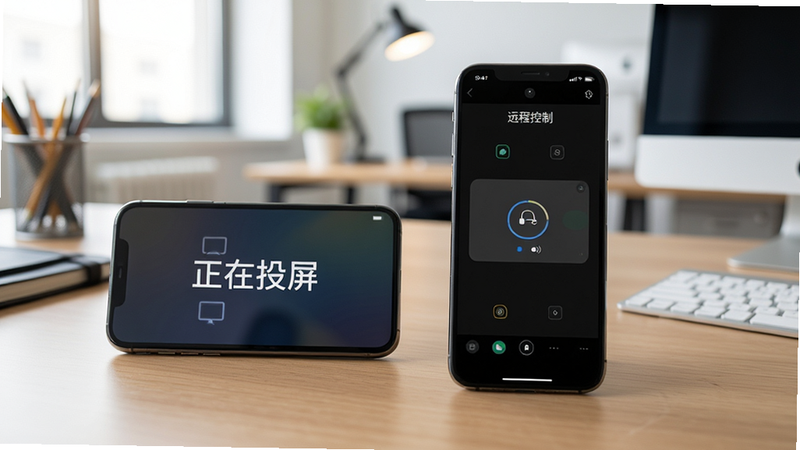 两个手机并排放在桌面上,其中一个手机屏幕显示“正在投屏”,另一个手机屏幕显示“远程控制”界面,背景是办公室环境,光线明亮,焦点集中在手机屏幕上,风格写实,细节丰富,画质清晰,无多余杂物