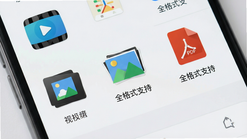 一个手机界面截图风格的图,界面上列出了多种文件图标,包括视频文件、图片文件和PDF文档,图标下方标注“全格式支持”,背景为浅灰色,界面设计简洁现代,文字清晰,画质精细,无杂乱背景