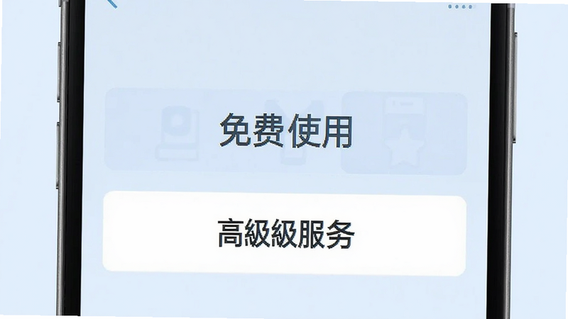 一个简洁的手机界面图,显示“免费使用”和“高级服务”两个选项,背景为浅蓝色,文字清晰,风格扁平,画质精细,无多余装饰