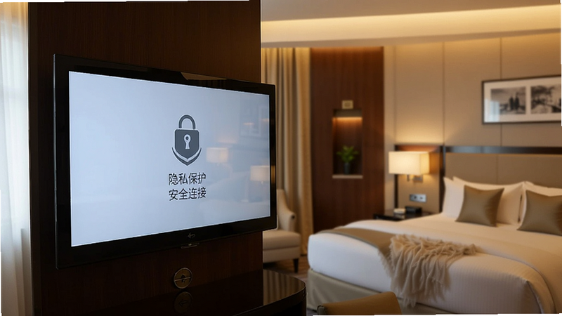 酒店房间内的电视屏幕,显示着“隐私保护”图标和“安全连接”字样,背景是温馨的酒店内饰,风格写实,光线柔和,画质清晰,无多余人物